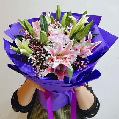 潍坊6支粉色多头百合，真诚的问候